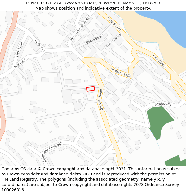 PENZER COTTAGE, GWAVAS ROAD, NEWLYN, PENZANCE, TR18 5LY: Location map and indicative extent of plot