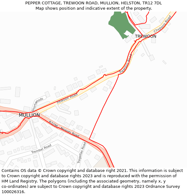 PEPPER COTTAGE, TREWOON ROAD, MULLION, HELSTON, TR12 7DL: Location map and indicative extent of plot