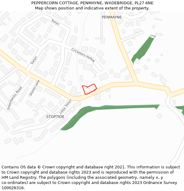 PEPPERCORN COTTAGE, PENMAYNE, WADEBRIDGE, PL27 6NE: Location map and indicative extent of plot