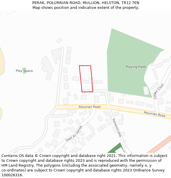 PERAK, POLURRIAN ROAD, MULLION, HELSTON, TR12 7EN: Location map and indicative extent of plot
