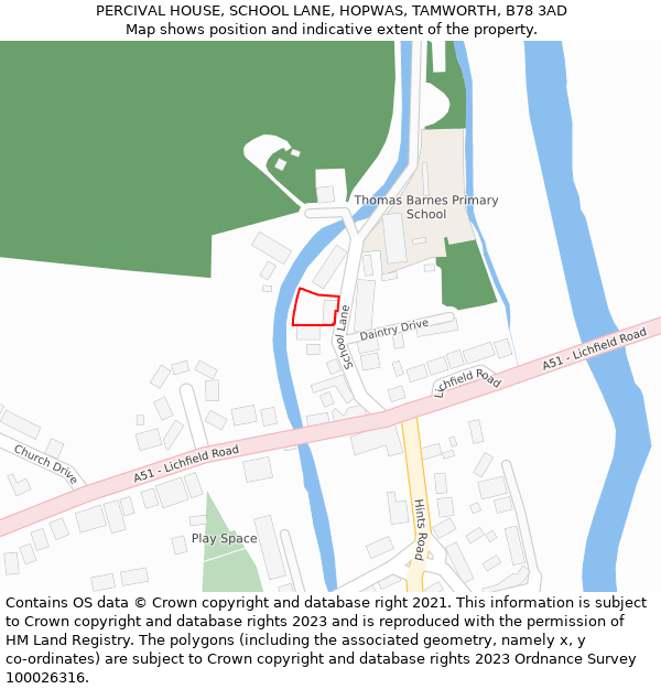 PERCIVAL HOUSE, SCHOOL LANE, HOPWAS, TAMWORTH, B78 3AD: Location map and indicative extent of plot