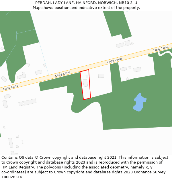 PERDAH, LADY LANE, HAINFORD, NORWICH, NR10 3LU: Location map and indicative extent of plot