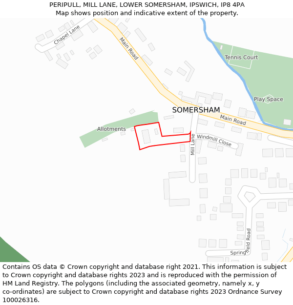 PERIPULL, MILL LANE, LOWER SOMERSHAM, IPSWICH, IP8 4PA: Location map and indicative extent of plot