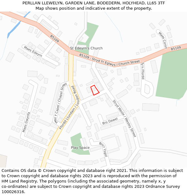 PERLLAN LLEWELYN, GARDEN LANE, BODEDERN, HOLYHEAD, LL65 3TF: Location map and indicative extent of plot