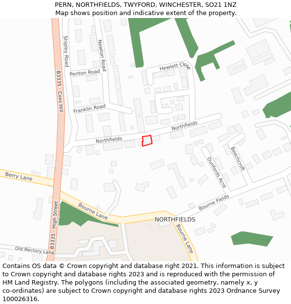 PERN, NORTHFIELDS, TWYFORD, WINCHESTER, SO21 1NZ: Location map and indicative extent of plot