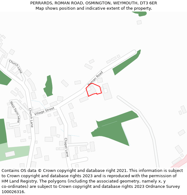 PERRARDS, ROMAN ROAD, OSMINGTON, WEYMOUTH, DT3 6ER: Location map and indicative extent of plot