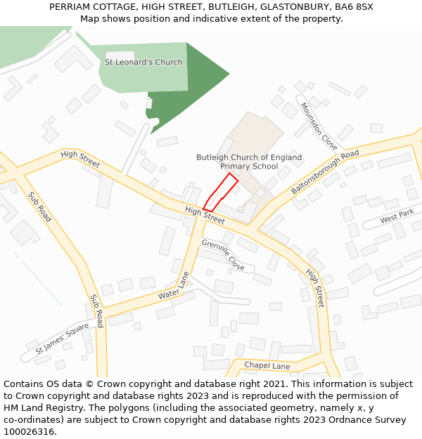 PERRIAM COTTAGE, HIGH STREET, BUTLEIGH, GLASTONBURY, BA6 8SX: Location map and indicative extent of plot