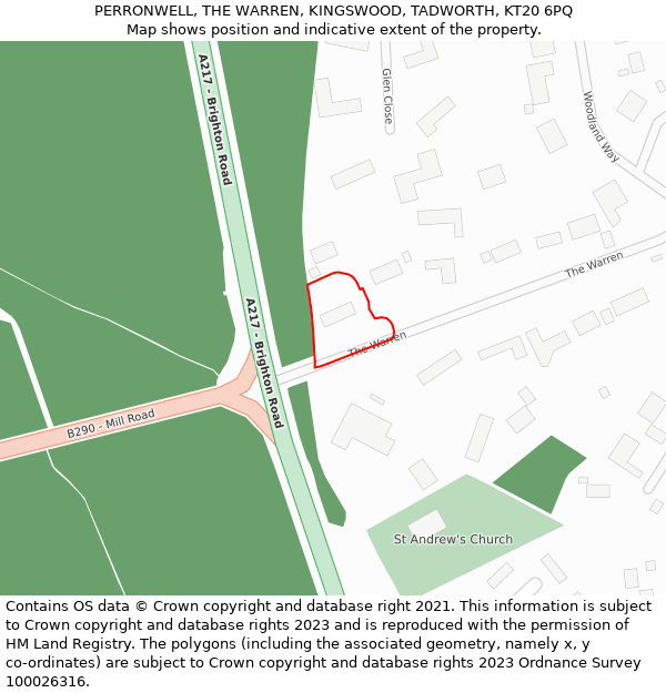 PERRONWELL, THE WARREN, KINGSWOOD, TADWORTH, KT20 6PQ: Location map and indicative extent of plot