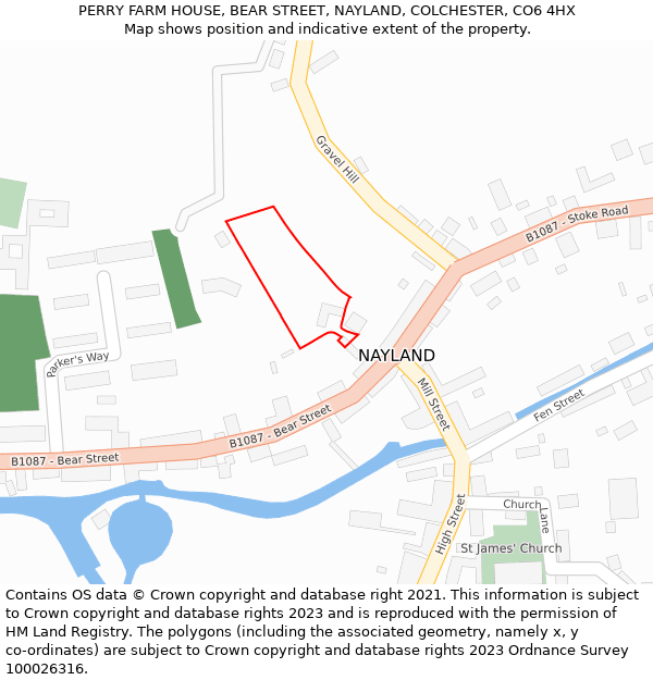 PERRY FARM HOUSE, BEAR STREET, NAYLAND, COLCHESTER, CO6 4HX: Location map and indicative extent of plot