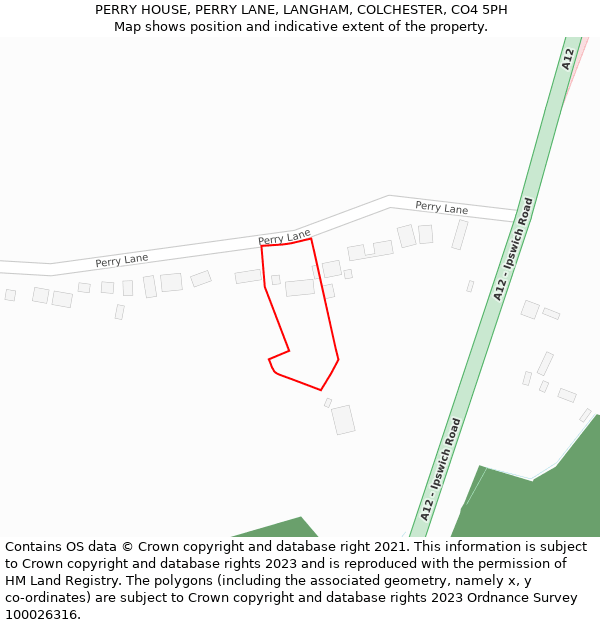 PERRY HOUSE, PERRY LANE, LANGHAM, COLCHESTER, CO4 5PH: Location map and indicative extent of plot