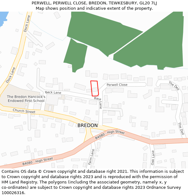 PERWELL, PERWELL CLOSE, BREDON, TEWKESBURY, GL20 7LJ: Location map and indicative extent of plot