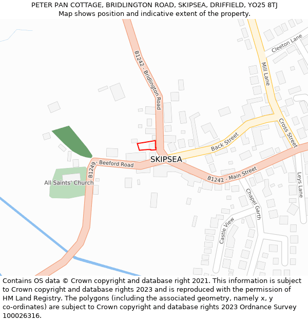 PETER PAN COTTAGE, BRIDLINGTON ROAD, SKIPSEA, DRIFFIELD, YO25 8TJ: Location map and indicative extent of plot