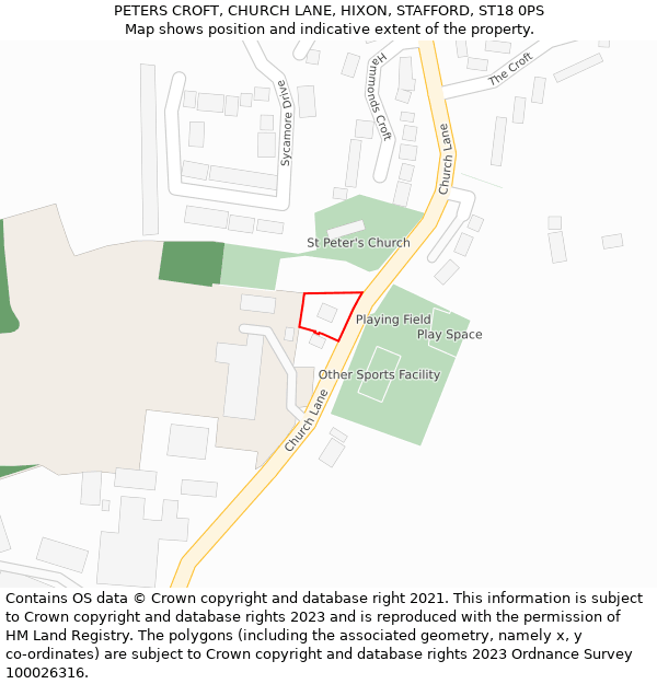 PETERS CROFT, CHURCH LANE, HIXON, STAFFORD, ST18 0PS: Location map and indicative extent of plot