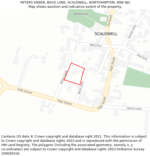 PETERS GREEN, BACK LANE, SCALDWELL, NORTHAMPTON, NN6 9JU: Location map and indicative extent of plot