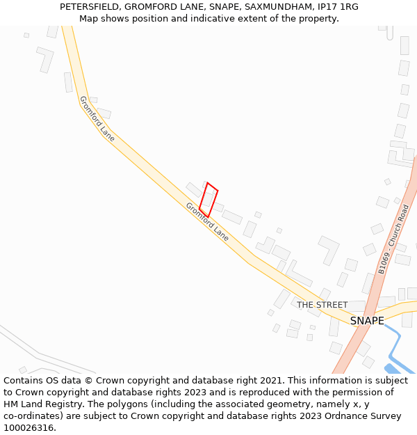 PETERSFIELD, GROMFORD LANE, SNAPE, SAXMUNDHAM, IP17 1RG: Location map and indicative extent of plot