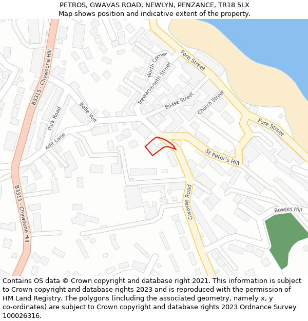 PETROS, GWAVAS ROAD, NEWLYN, PENZANCE, TR18 5LX: Location map and indicative extent of plot