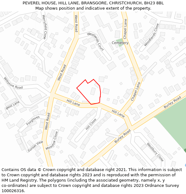 PEVEREL HOUSE, HILL LANE, BRANSGORE, CHRISTCHURCH, BH23 8BL: Location map and indicative extent of plot