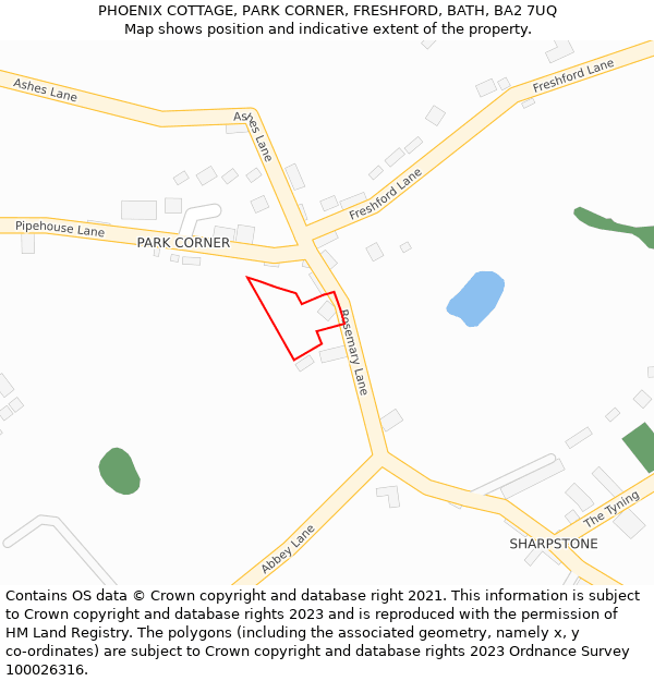PHOENIX COTTAGE, PARK CORNER, FRESHFORD, BATH, BA2 7UQ: Location map and indicative extent of plot
