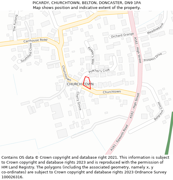 PICARDY, CHURCHTOWN, BELTON, DONCASTER, DN9 1PA: Location map and indicative extent of plot