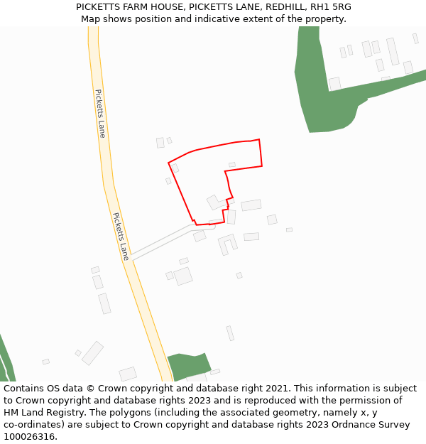 PICKETTS FARM HOUSE, PICKETTS LANE, REDHILL, RH1 5RG: Location map and indicative extent of plot
