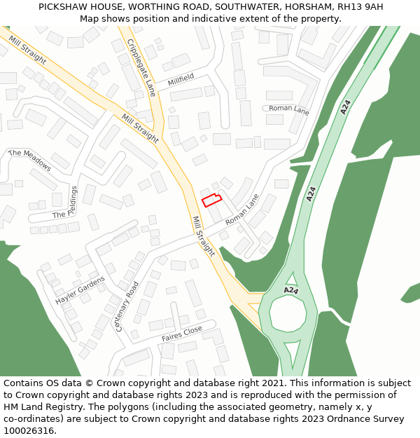 PICKSHAW HOUSE, WORTHING ROAD, SOUTHWATER, HORSHAM, RH13 9AH: Location map and indicative extent of plot