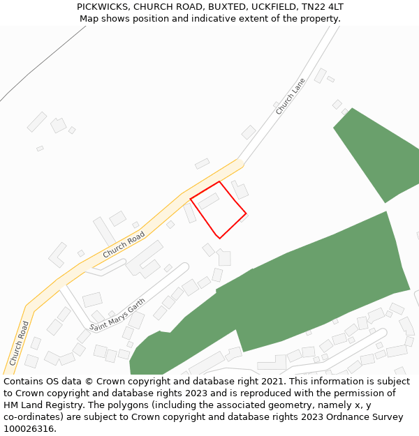 PICKWICKS, CHURCH ROAD, BUXTED, UCKFIELD, TN22 4LT: Location map and indicative extent of plot