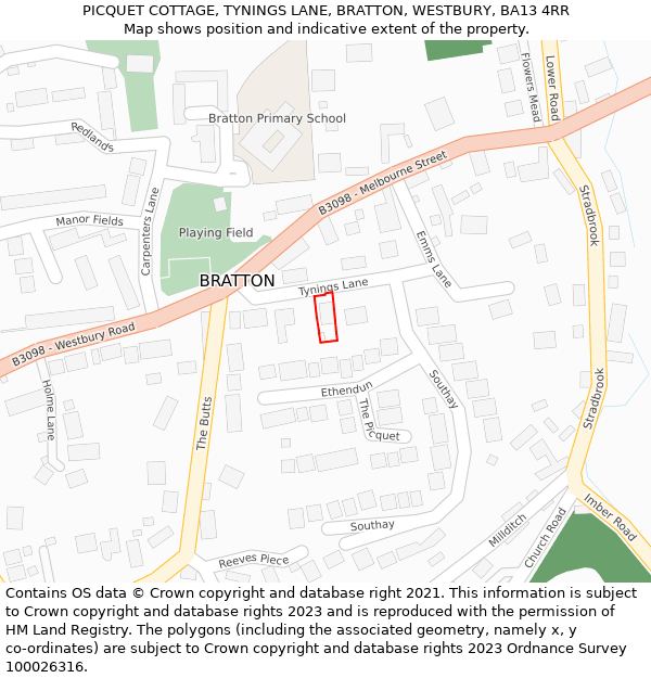 PICQUET COTTAGE, TYNINGS LANE, BRATTON, WESTBURY, BA13 4RR: Location map and indicative extent of plot