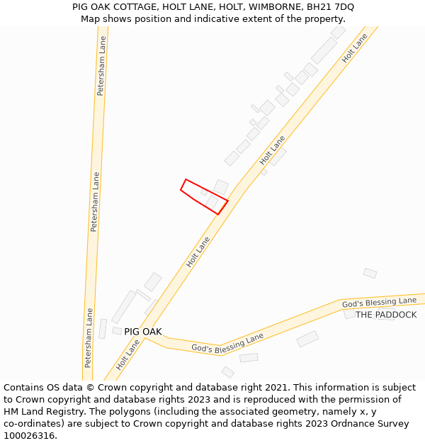 PIG OAK COTTAGE, HOLT LANE, HOLT, WIMBORNE, BH21 7DQ: Location map and indicative extent of plot