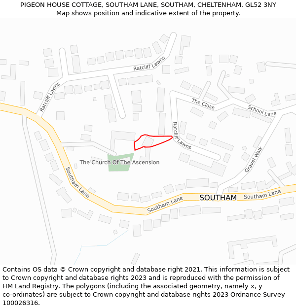 PIGEON HOUSE COTTAGE, SOUTHAM LANE, SOUTHAM, CHELTENHAM, GL52 3NY: Location map and indicative extent of plot