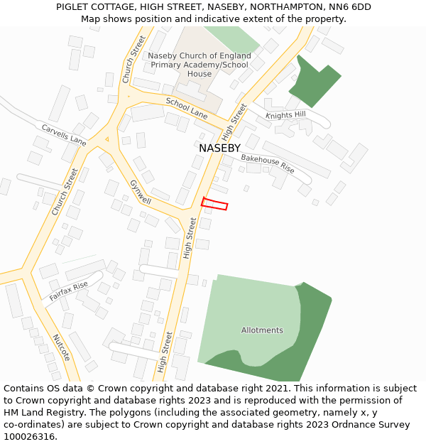 PIGLET COTTAGE, HIGH STREET, NASEBY, NORTHAMPTON, NN6 6DD: Location map and indicative extent of plot