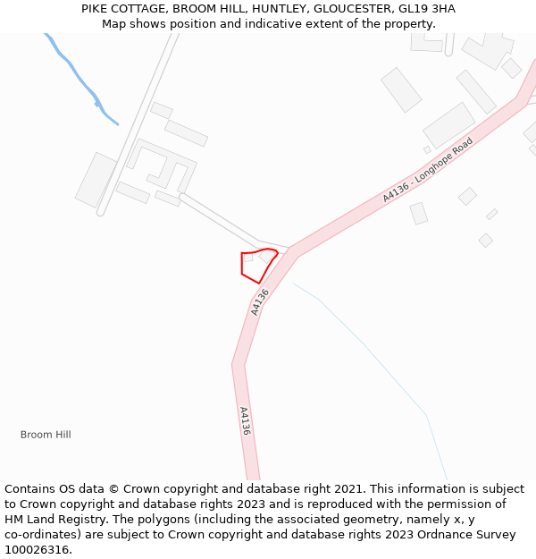 PIKE COTTAGE, BROOM HILL, HUNTLEY, GLOUCESTER, GL19 3HA: Location map and indicative extent of plot