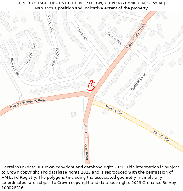 PIKE COTTAGE, HIGH STREET, MICKLETON, CHIPPING CAMPDEN, GL55 6RJ: Location map and indicative extent of plot