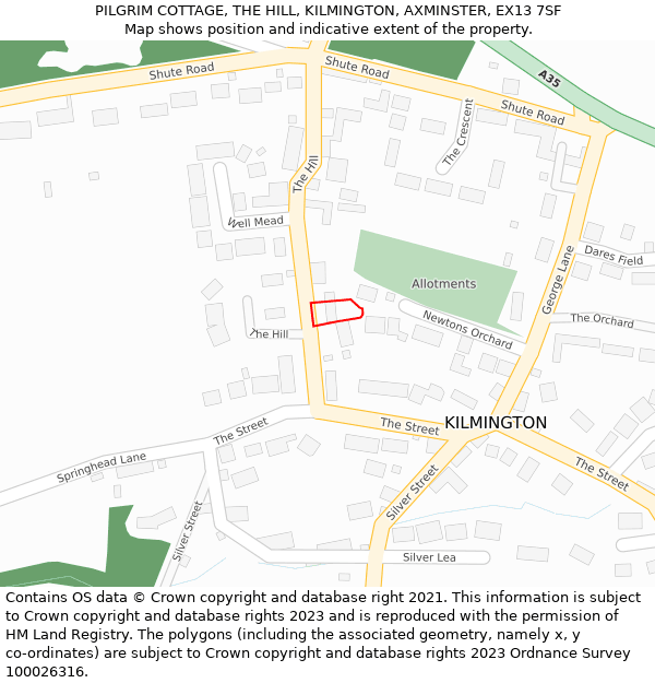PILGRIM COTTAGE, THE HILL, KILMINGTON, AXMINSTER, EX13 7SF: Location map and indicative extent of plot