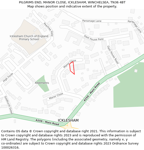 PILGRIMS END, MANOR CLOSE, ICKLESHAM, WINCHELSEA, TN36 4BT: Location map and indicative extent of plot