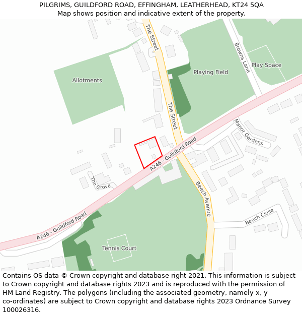 PILGRIMS, GUILDFORD ROAD, EFFINGHAM, LEATHERHEAD, KT24 5QA: Location map and indicative extent of plot