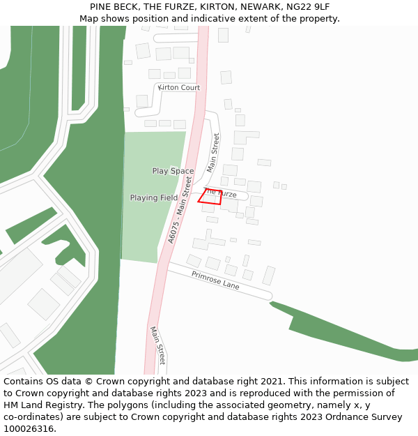 PINE BECK, THE FURZE, KIRTON, NEWARK, NG22 9LF: Location map and indicative extent of plot