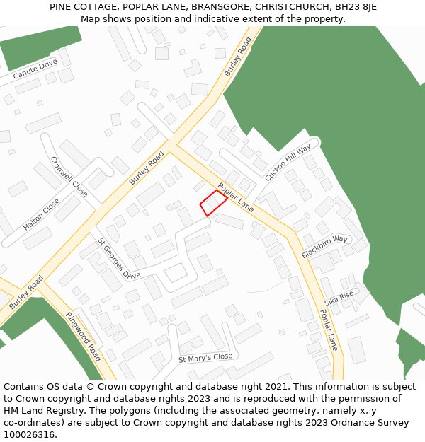 PINE COTTAGE, POPLAR LANE, BRANSGORE, CHRISTCHURCH, BH23 8JE: Location map and indicative extent of plot