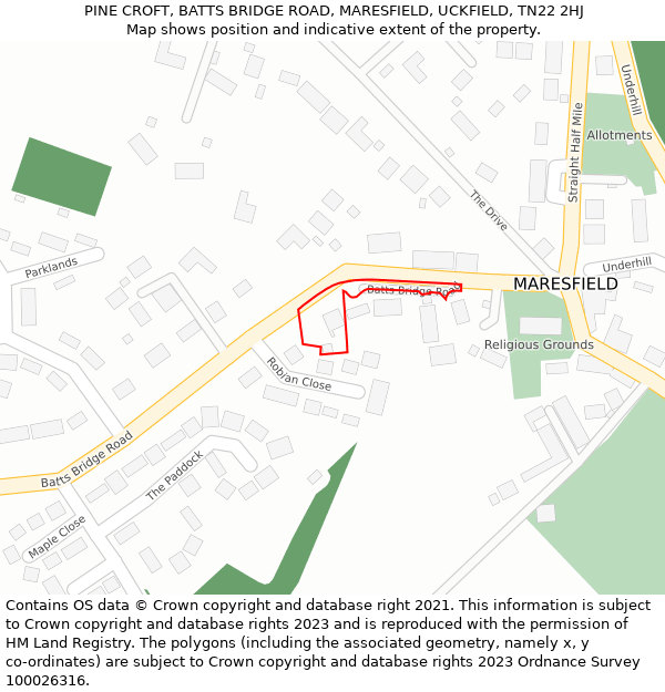 PINE CROFT, BATTS BRIDGE ROAD, MARESFIELD, UCKFIELD, TN22 2HJ: Location map and indicative extent of plot