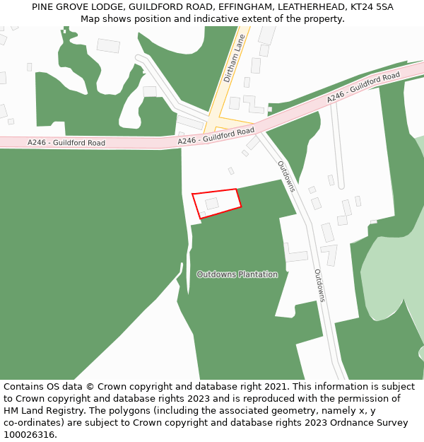 PINE GROVE LODGE, GUILDFORD ROAD, EFFINGHAM, LEATHERHEAD, KT24 5SA: Location map and indicative extent of plot