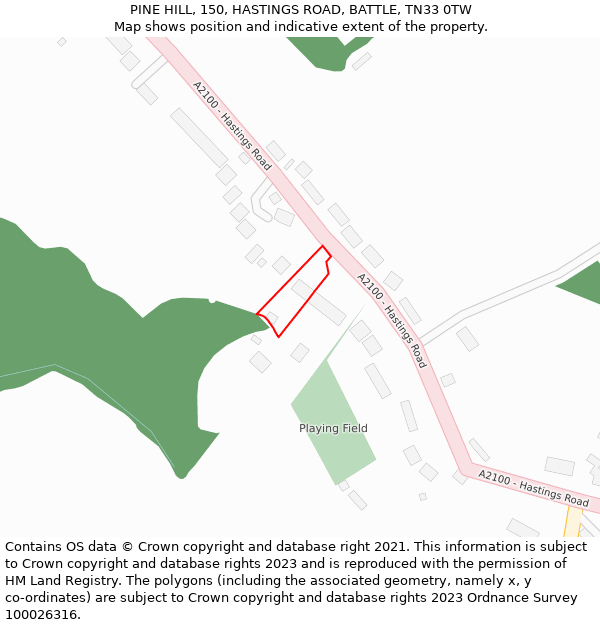 PINE HILL, 150, HASTINGS ROAD, BATTLE, TN33 0TW: Location map and indicative extent of plot