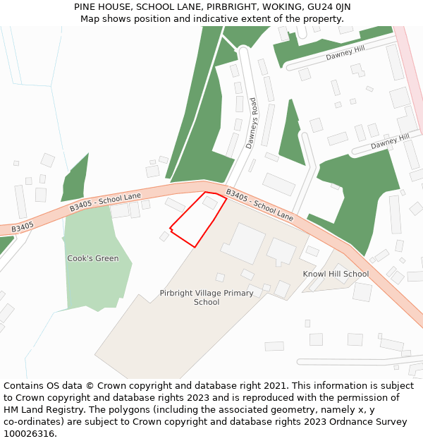 PINE HOUSE, SCHOOL LANE, PIRBRIGHT, WOKING, GU24 0JN: Location map and indicative extent of plot