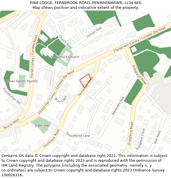 PINE LODGE, FERNBROOK ROAD, PENMAENMAWR, LL34 6EG: Location map and indicative extent of plot