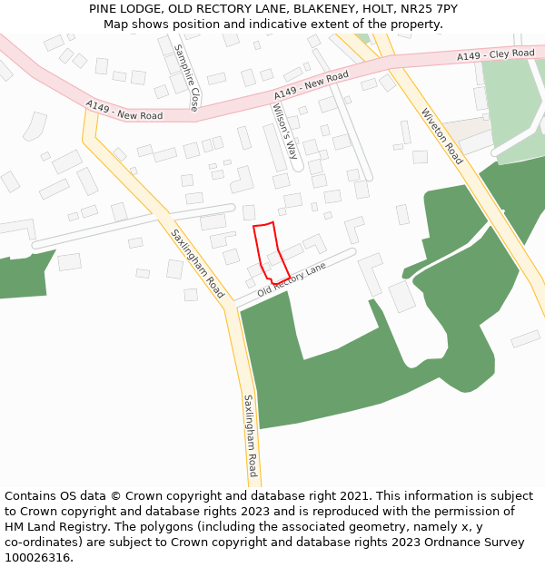 PINE LODGE, OLD RECTORY LANE, BLAKENEY, HOLT, NR25 7PY: Location map and indicative extent of plot