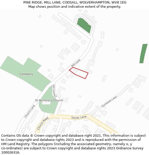 PINE RIDGE, MILL LANE, CODSALL, WOLVERHAMPTON, WV8 1EG: Location map and indicative extent of plot