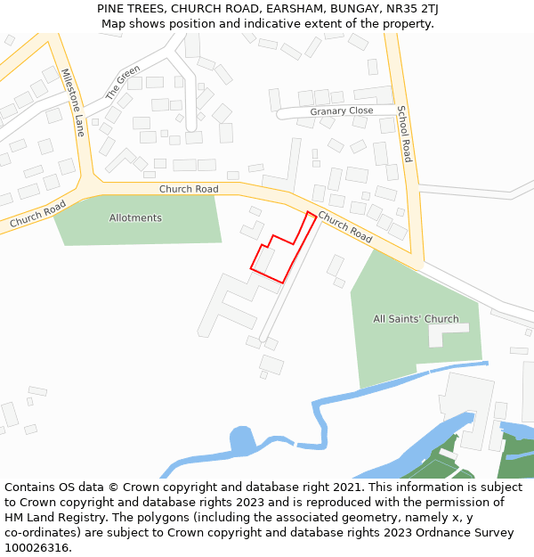 PINE TREES, CHURCH ROAD, EARSHAM, BUNGAY, NR35 2TJ: Location map and indicative extent of plot