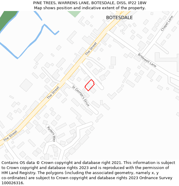 PINE TREES, WARRENS LANE, BOTESDALE, DISS, IP22 1BW: Location map and indicative extent of plot