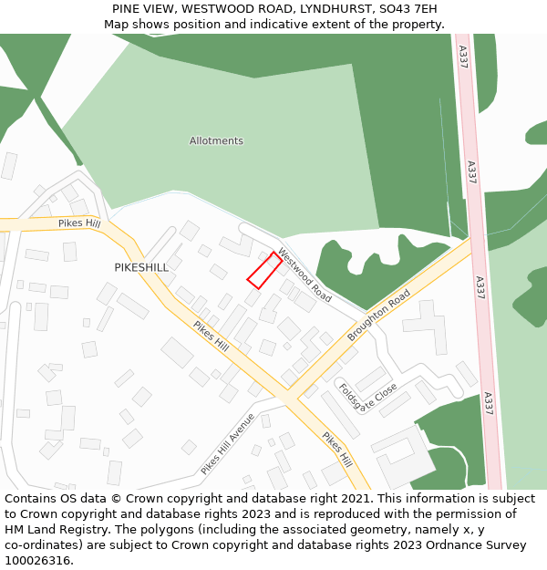 PINE VIEW, WESTWOOD ROAD, LYNDHURST, SO43 7EH: Location map and indicative extent of plot