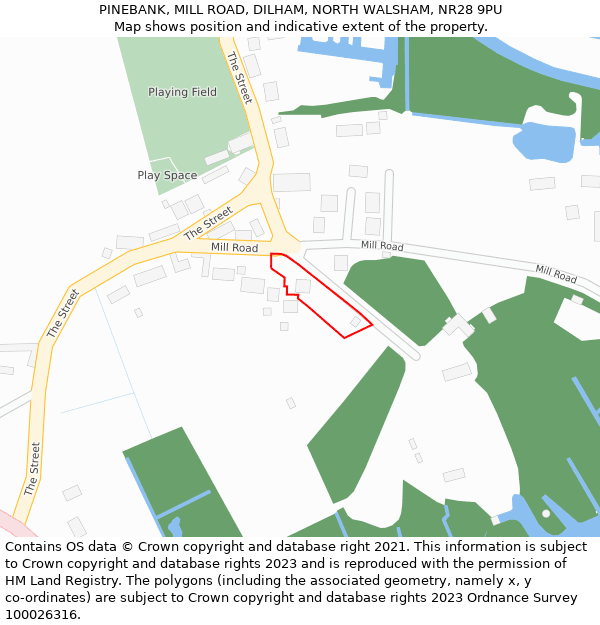 PINEBANK, MILL ROAD, DILHAM, NORTH WALSHAM, NR28 9PU: Location map and indicative extent of plot