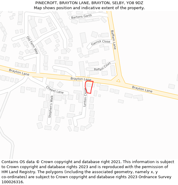 PINECROFT, BRAYTON LANE, BRAYTON, SELBY, YO8 9DZ: Location map and indicative extent of plot