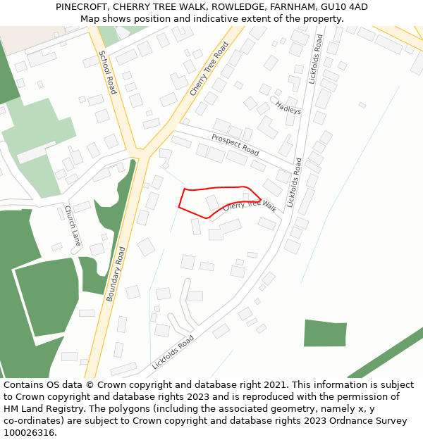 PINECROFT, CHERRY TREE WALK, ROWLEDGE, FARNHAM, GU10 4AD: Location map and indicative extent of plot